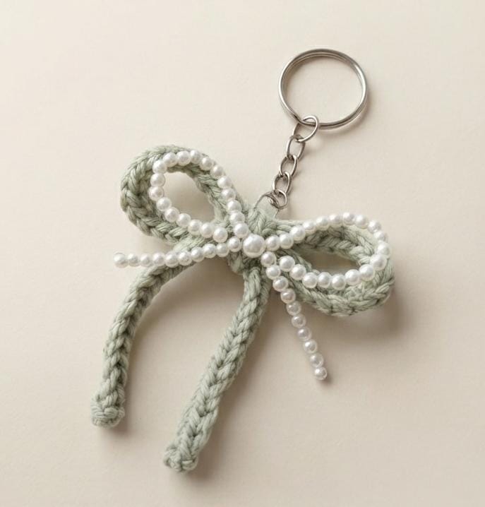 Handcrafted Crochet Pearl Bow Keychain