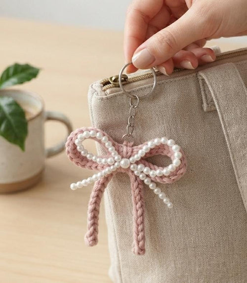 Handcrafted Crochet Pearl Bow Keychain